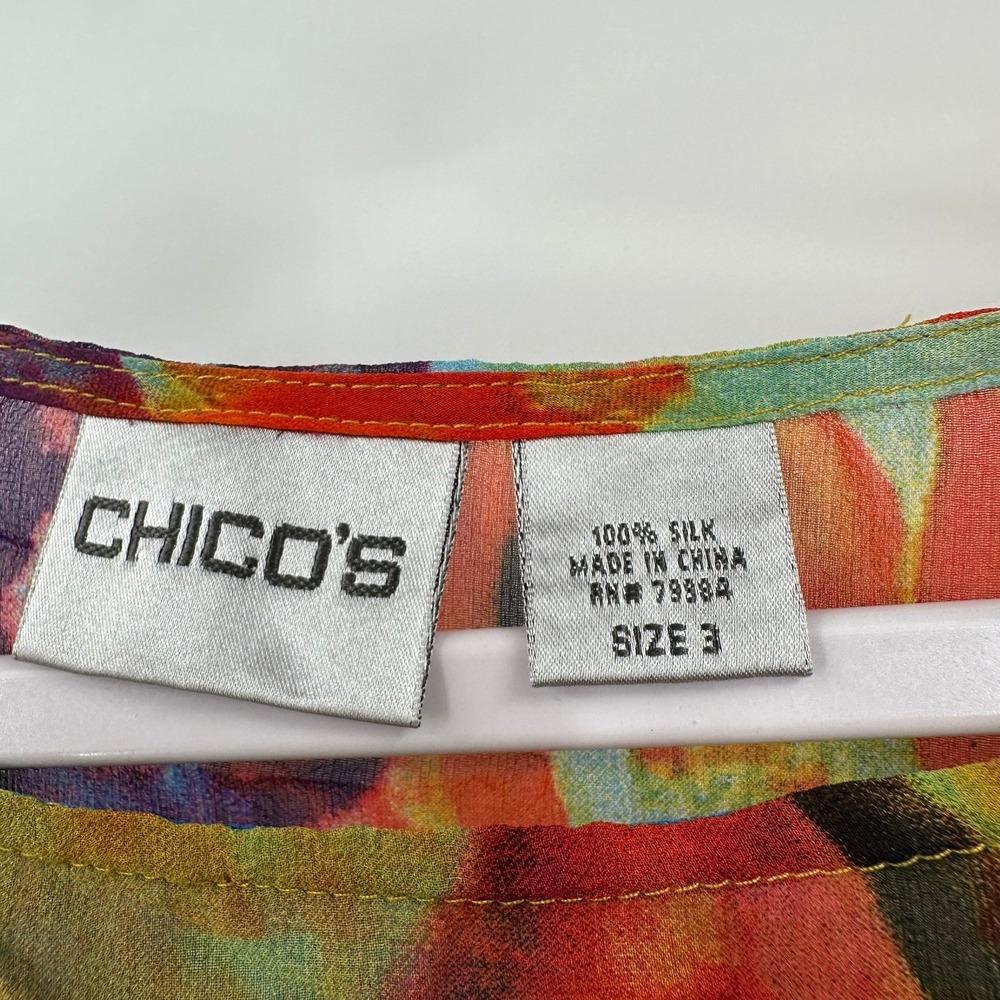 Chicos Women Art To Wear Boho Silk Top Sz 3 US XL Colorful Bold Sheer Maximalist - Picture 3 of 7